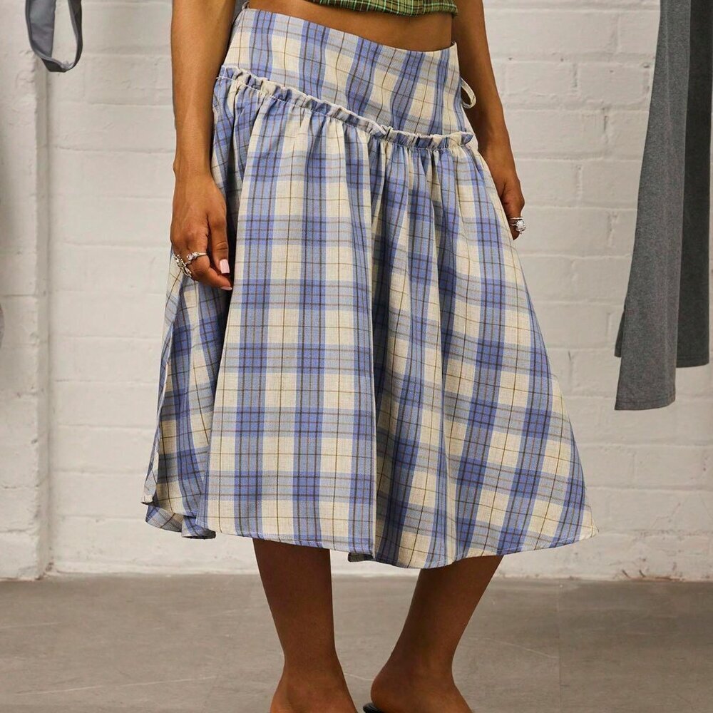 Multicolor Casual Women's Checkered Drop Waist Midi Skirt - Picture 4 of 6